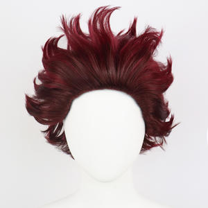 Perruque de <span class=keywords><strong>cosplay</strong></span> <span class=keywords><strong>Tanjiro</strong></span> Kamado marron foncé, fibres haute température, cheveux courts, petit bonnet, dentelle transparente - Product Image 1