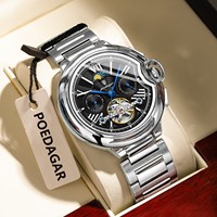Montre mécanique automatique de luxe Poedagar 1413, étanche, lumineuse, en acier inoxydable, avec tourbillon ajouré pour homme