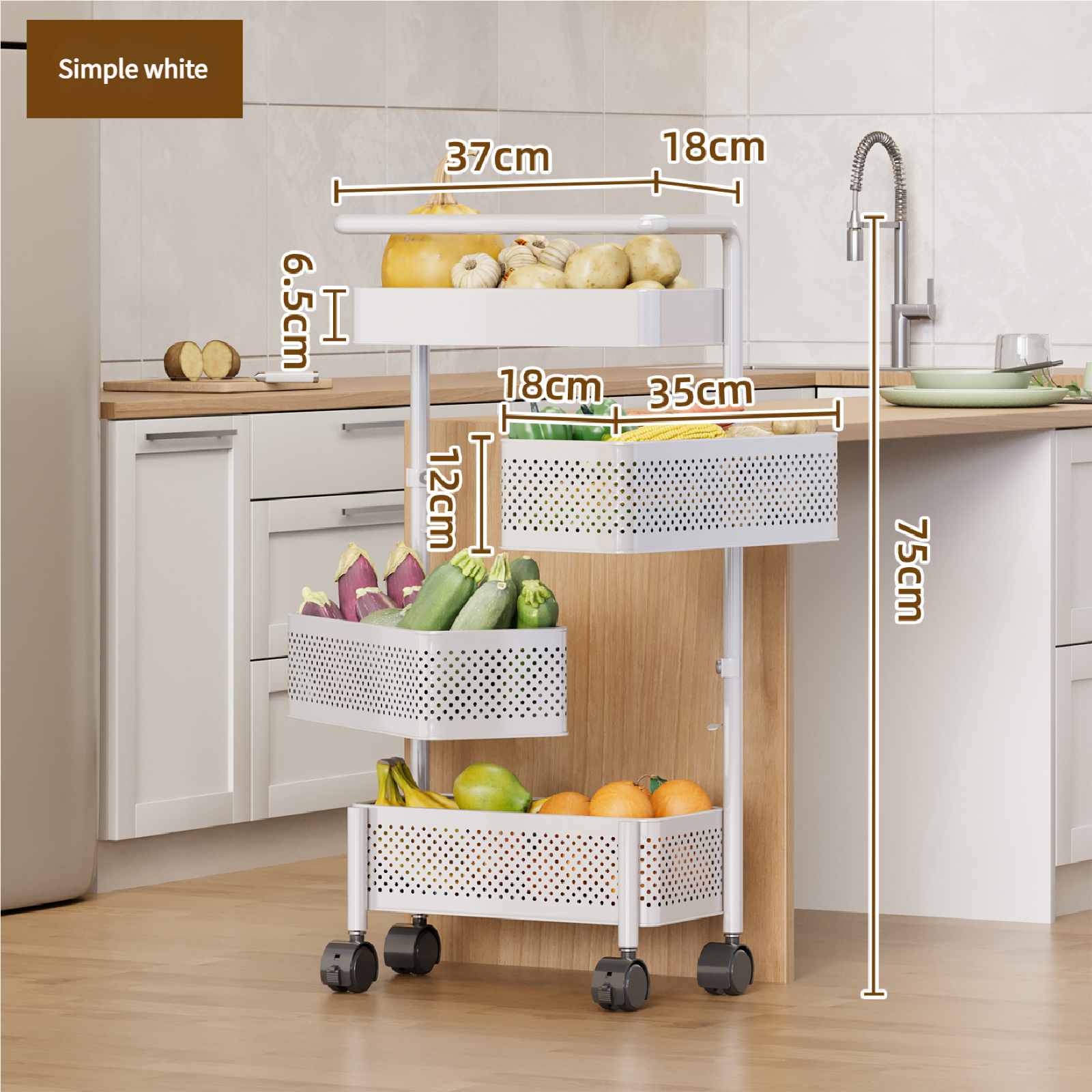 Carro giratorio de tres niveles blanco.