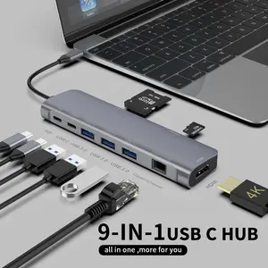 9 In 1 USB C HUB Multi Function Docking Station USB Type-C SD TF Hub USB 3.0 RJ45 PD 100W OEM ODM Type C Hub