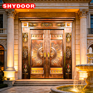 Porte de sécurité de luxe en cuivre avec cœur en acier inoxydable, double porte d'entrée principale pour villa, porte extérieure personnalisée en <span class=keywords><strong>acajou</strong></span> pour manoir - Product Image 5