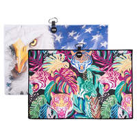 Serviette de golf à motif imprimé en microfibre avec logo personnalisé par sublimation, mousqueton, vente en gros, séchage rapide, pour sac de golf