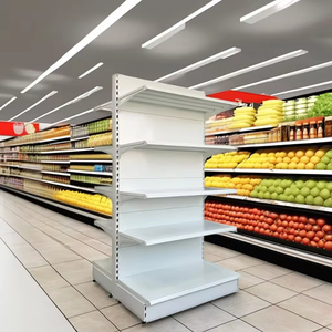 ชั้นวางสินค้าซุปเปอร์มาร์เก็ตแบบสองด้าน ชั้นวางของไม้ลายไม้สำหรับร้านค้าปลีก ชั้นวางสินค้าแบบกอนโดลา - Product Image 4