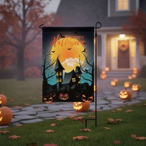 Bandera de patio personalizada con estampado de calabaza y castillo espeluznantes, de poliéster, para decoración exterior en fiestas temáticas de Halloween, venta al por mayor - Product Image 1