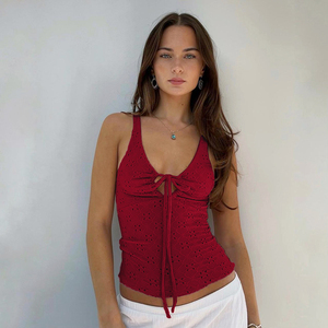 Top camisole pour femme, texture ajourée, cordon de serrage, nœud, coupe ajustée, sans manches, col en V, devant à nouer, couleur unie, tendance - Product Image 1