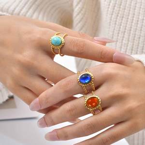Bague en acier inoxydable 316L plaqué or 18 carats avec turquoise pour femme, bracelet perlé en corde, pierres bleues et rouges, ajustable, étanche, bijoux bohèmes - Product Image 1