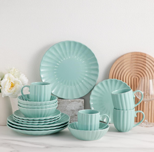 Service de table en céramique vert clair brillant 16 pièces, style nordique, assiettes, bols et tasses côtelés verticalement, vaisselle de cuisine domestique - Product Image 2
