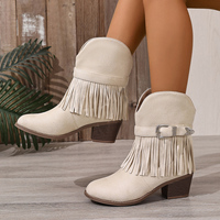 Bottines d'hiver mi-mollet à franges style européen et américain, à enfiler, à talons épais, pour femme, en faux daim avec empeigne en maille et semelle extérieure en TPR épaisse