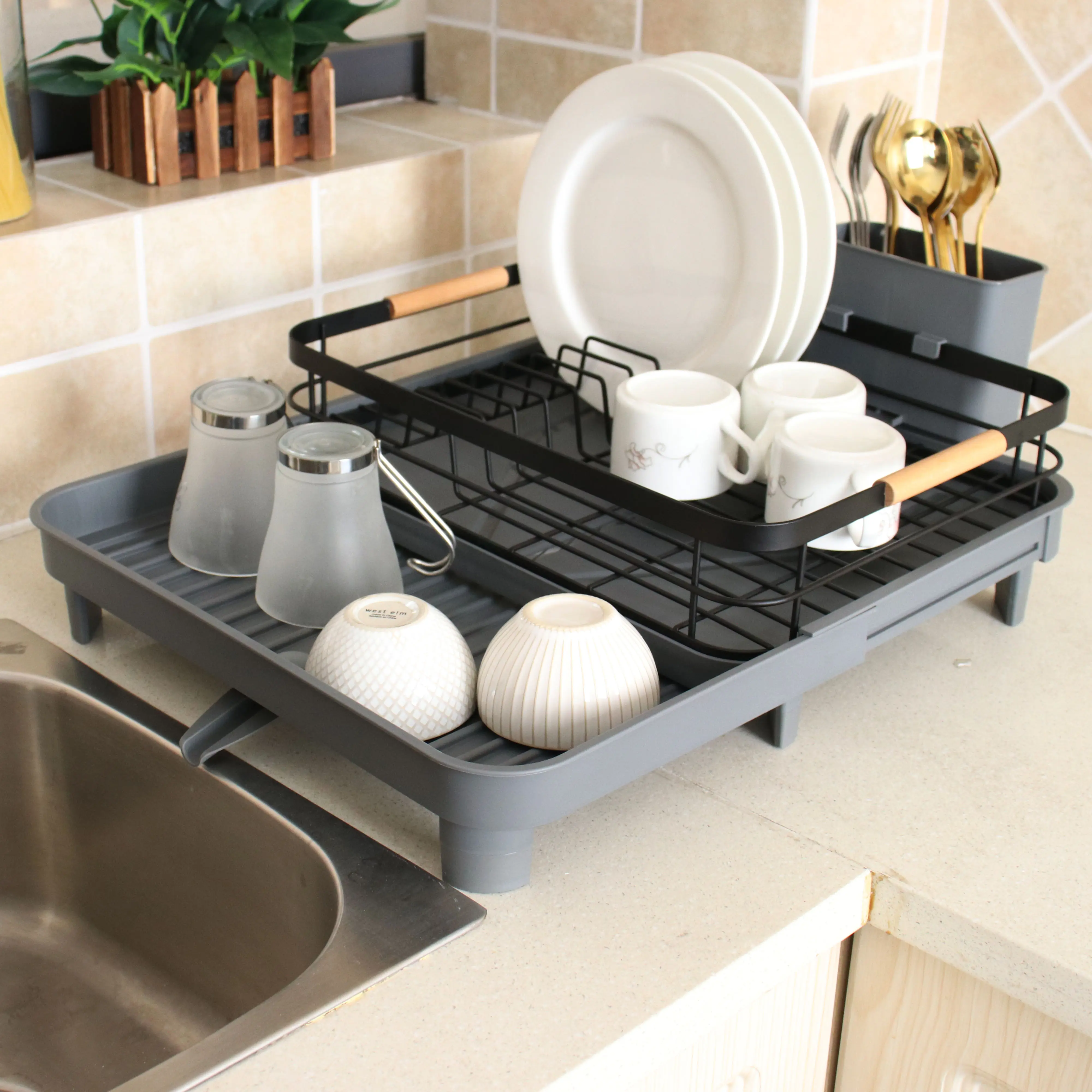 Expansível Grande Prato Secagem Rack Com Bamboo Handle Compact Dish Drainer Para Pia Ou Bancada De Cozinha