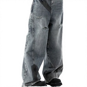 11Kn Jeans de mezclilla estilo americano retro con grafiti y rotos, lavados, casuales, unisex, de pierna ancha, efecto adelgazante, apilados, rectos, de tiro medio, a la moda - Product Image 3