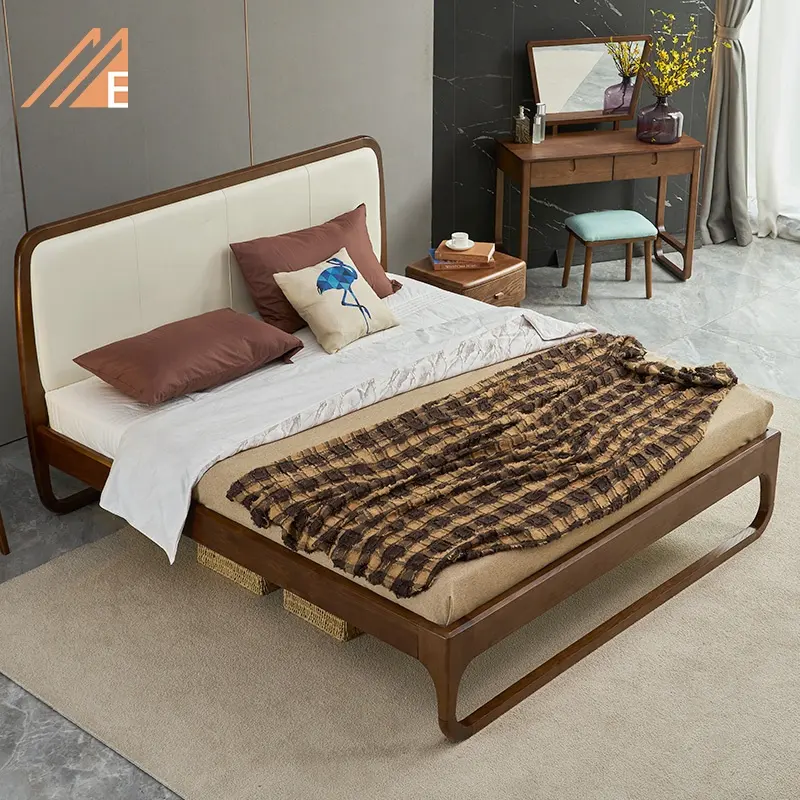 מכירה לוהטת מוצק עץ חדר שינה סטי מודרני מלכת גודל עור משענת עיצוב כפול מיטת
