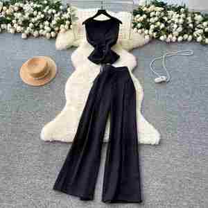 Ensemble décontracté d'été 2 pièces pour femme : Haut tunique respirant sans manches à col en V et bas taille haute – Vente en gros - Product Image 3