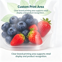 Op maat bedrukte, matglazen staande pouches met logo, ritssluiting, food grade verpakkingen voor vers fruit, snacks en diepvriesopslag
