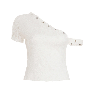 T-shirt femme en maille à épaules dénudées avec dentelle, col asymétrique, manches courtes, coupe ajustée, décontracté, mode estivale - Product Image 6