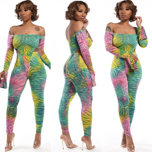 Femmes 2 Pièces Cravate Colorant <span class=keywords><strong>Combinaison</strong></span> <span class=keywords><strong>Grande</strong></span> <span class=keywords><strong>Taille</strong></span> Sexy Hors Épaule Longues Manches Évasées Et <span class=keywords><strong>Pantalon</strong></span> Barboteuses - Product Image 1