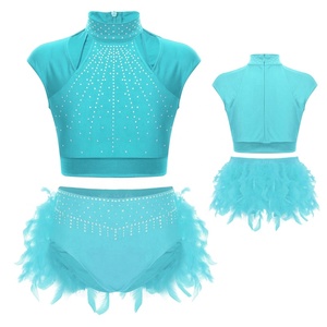 Girls Latin Dance Costume Two Piece Crop <b>Top</b> Cold Shoulder High Waist Shorts <b>Feather</b> Trim Rhinestone Stage Show Outfit Custom - Product Image 3