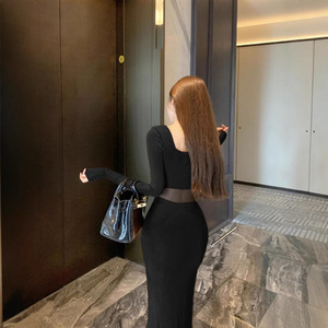 French Retro Square Neck Long Sleeve Mesh Patchwork Bodycon Fishtail Maxi Dress Women Autumn Winter Mature Sexy Solid Color - Product Image 5