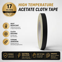 Ruban adhésif en tissu acétate noir résistant à la chaleur, adhésif acrylique simple face avec support de protection pour la fixation des câbles