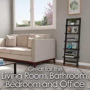 Libreria a Scala a Cinque Ripiani in Legno Nera, Libreria a Scala Stabile, Essenziale per Spazi Ridotti, Stile Rustico - Product Image 3