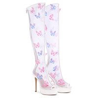 Bottes au-dessus du genou en maille blanche papillon pour femmes Peep Toe Platform Stiletto High Heel Fashion Boots