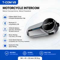 Intercom Moto T COM V8 MESH pour 8 Motocyclistes, Portée de 2,5 KM, Relais 5 Hops, Réduction du Bruit, Casque Audio