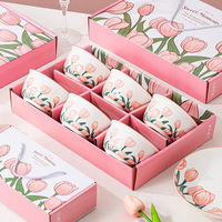 Ensemble de bols à riz en céramique imprimés de tulipes roses, 2/4/6 pièces, passe au micro-ondes, vaisselle en porcelaine, souvenir de mariage pour les invités, boîte cadeau rose