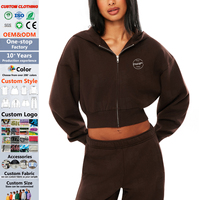 Conjunto Deportivo de Algodón con Capucha y Cremallera, Color Sólido, con Logotipo Bordado Personalizado, de Alta Calidad, Sudadera Corta Básica para Mujer