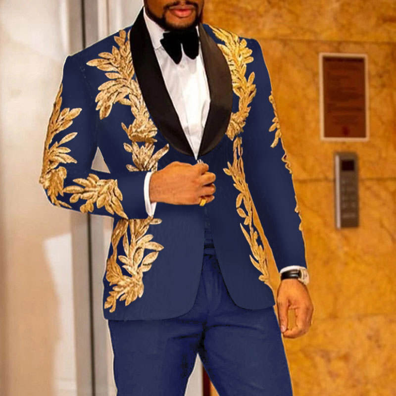 Royal Blue Navy Red Shinny Embroidered Two Pieces Mens Blazers