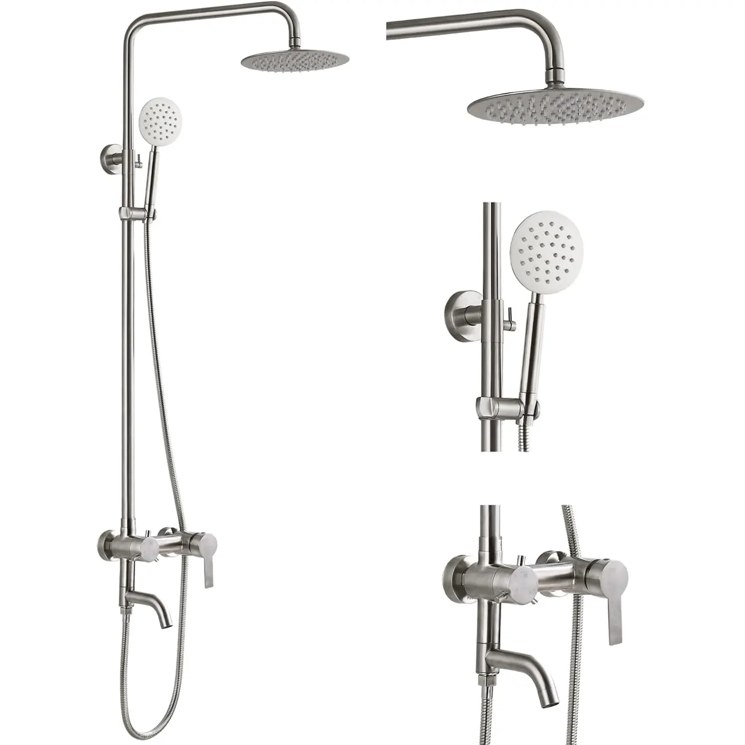 Shower Faucet Sets SUS 304 Rain System 3 Triple Function with 8" Rain Shower Head Adjustable Handheld Spray Brushed Nickel