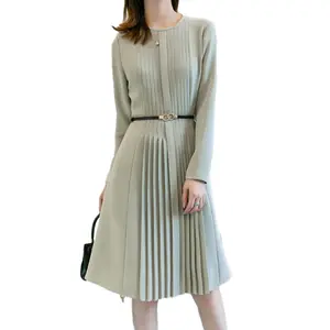 Французский элегантный и элегантный стиль талии с длинными рукавами высокого класса повседневное плиссированное платье