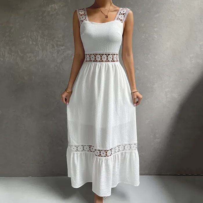 2023 Summer White lace Long Dress Hollow Out Sleeveless Plus Size Ladies Elegant Casual Dresses Women Clothing