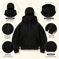 2026 Unisexe Veste à capuche zippée noire style cagoule, coupe ample streetwear, 100% Coton French Terry, Écologique