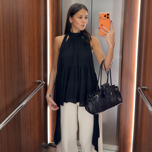 <strong>Black</strong> Halter <strong>Top</strong> Women's 2026 Spring Summer New Loose <strong>off</strong> <strong>Shoulder</strong> Long Sleeveless <strong>Top</strong> with Floating Straps - Product Image 1