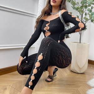 Сексуальный слитный боди с жемчугом и леопардовым принтом, сексуальное боди с вырезами, с длинным рукавом, рыболовная сеть, бикини, боди, DY-015 комбинезон - Product Image 5