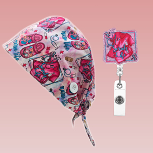 Casquettes de chirurgien unisexes en satin avec imprimé poupée Bratzs, à nouer dans le dos, avec porte-badges assortis, en gros - Product Image 6
