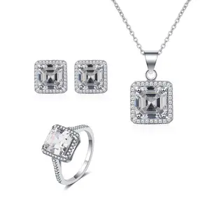 S925เงินที่มีสูงที่ชัดเจน Asscher ตัดเพทายสแควร์รัศมีสร้อยคอออกแบบ,ต่างหูและแหวนของขวัญแต่งงานชุดเครื่องประดับ