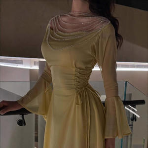 فساتين سهرة ضيقة بقصة Slim من الشيفون باللون الأصفر الخدود لعام 2025، فساتين حفلات نسائية مزينة بالترتر وبأكمام منتفخة - Product Image 5