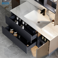 Meuble-lavabo mural moderne avec armoire en ardoise, miroir LED, vasque en céramique et évacuation en cuivre pour hôtel ou appartement