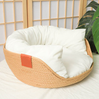 Nid de paille chat chien panier rond chat sommeil approvisionnement tissage lit pour animaux de compagnie avec coussin amovible