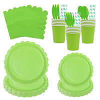 Vaisselle jetable de fête d'anniversaire transfrontalière, nouveau style, en papier, motif dentelle verte, couleur unie, assiettes, serviettes et gobelets