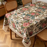 Nappe carrée de luxe exquise en jacquard floral tissé, motif peinture à l'huile, bordure à pompons, lourde, lavable, style rétro, pour décoration intérieure