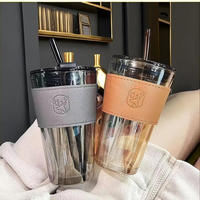 Vaso Nórdico de Vidrio de 450ml con Pajita y Funda de Cuero, Taza de Café Antiescaldaduras, Taza de Agua de Vidrio Personalizada para Oficina, Estudiantes y Uso Diario