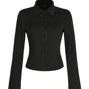 Blusa de Manga Larga a Rayas Verticales para Mujer, Informal y a la Moda, con Cintura Ajustada, Gran Venta - Product Image 4