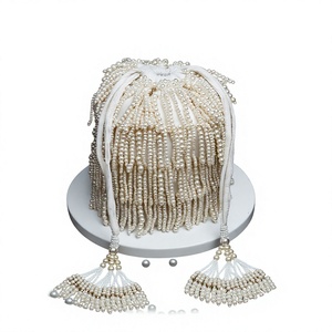 <b>White</b> Beaded <b>Bucket</b> Bag Handcrafted Pearl Evening Purse with Tassel Shoulder Strap - Product Image 1