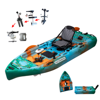 Kayak motorisé modulaire 2025 de 9 pieds de large en HDPE, facile à ranger, pour la pêche, propulsion par pédales, application de surf pour 3 personnes, 2 places