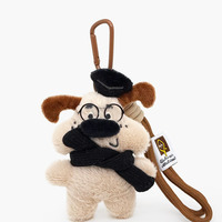 Porte-clés en peluche artistique et esthétique pour chien, chiot marron kawaii avec chapeau noir, lunettes et écharpe, décoration de sac à dos tendance pour filles