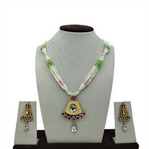 Classic 925 Silver <b>Pearl</b> Beaded <b>Necklace</b> <b>Set</b> with Green Pink Accents Traditional Pendant and Matching Earrings for Wedding Wear - Product Image 1