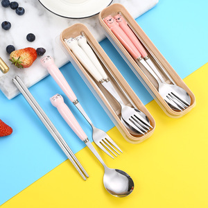 Stainless Steel Cutlery <b>Set</b> With Ceramic Handles Chopsticks <b>Spoon</b> <b>Fork</b> Portable Travel Student Kit Rectangular Storage Box - Product Image 3
