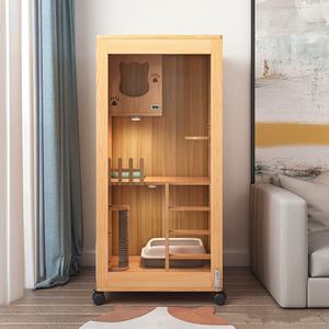 Mehrstöckiges Panorama-Haustierhaus aus Transparentem Holz, Moderne Katzenvilla mit Großem Aussichtsbereich, Bewegliche Trennwand für Mehrere Katzen und Kleine Hunde - Product Image 3