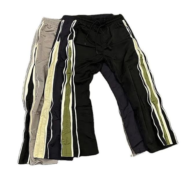 Men's Custom Side Zip Open Leg Jogger Nylon Track Pants Flared Patchwork Elastic High Waistband Casual Stacked SweatPants